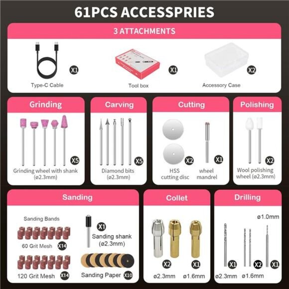 Mini Cordless Rotary Tool, 5-Speed 3.7V rechargeable Kit - Picture 3 of 7